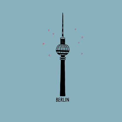 Berlin TV tower city symbol vector illustration. German architecture and inscription Berlin with hearts. Design element for postcard, print, template, logo, t-shirt print, souvenirs, label. Hand drawn. Сapital city, life style