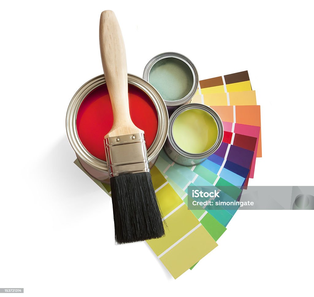 Brush, paint and swatches on white background coloured swatches and paint pot and paintbrush on white background Paint Stock Photo