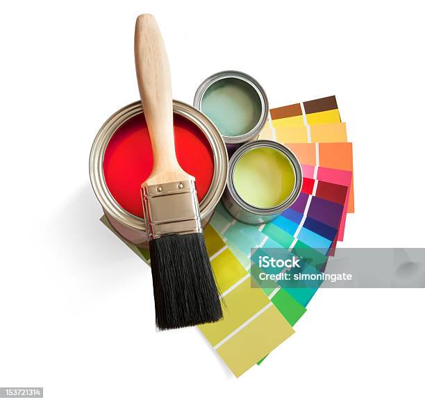 Brush Paint And Swatches On White Background Stock Photo - Download Image Now - Paint, Paint Can, Color Swatch