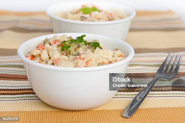 Two Bowls Of Potato Salad On Yellow Napkin Stock Photo - Download Image Now - Bowl, Chopped Food, Crockery