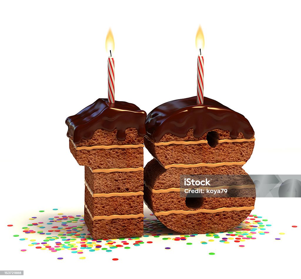 number eighteen shaped chocolate cake Chocolate cake surrounded by confetti with lit candle for a eighteenth birthday or anniversary celebration  Anniversary Stock Photo