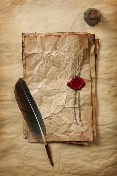 istock Blank paper with wax seal, quill & ink 153723082