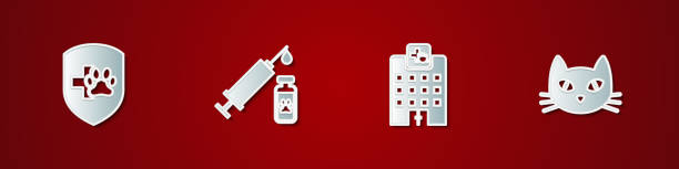 zestaw ubezpieczenie zdrowotne zwierząt, strzykawka ze szczepionką dla zwierząt domowych, szpital weterynaryjny i ikona kota. wektor - syringe silhouette computer icon icon set stock illustrations