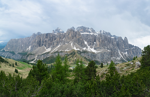Panorama of the Sella massif from Pizes de Cir. Dolomites, Trentino Alto-Adige