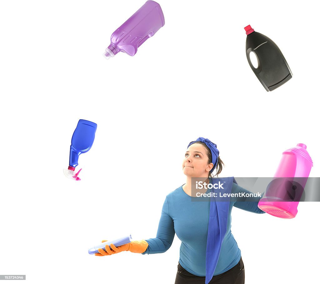 Juggler Housewife Cleaning lady juggling with colorful detergent bottles. Adult Stock Photo