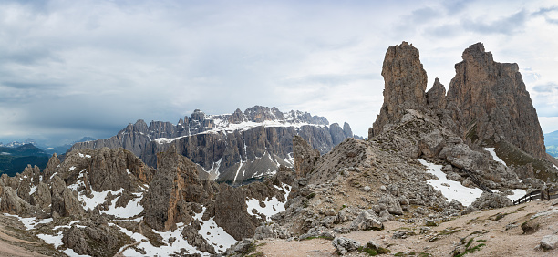 Panoramic view of Cir Peaks and Sella massif on the background. Dolomites, Italy