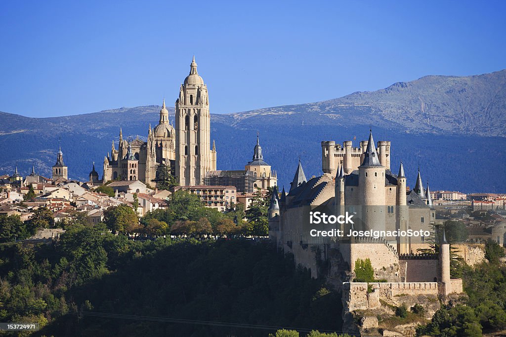 Panoramic view of Segovia, Spain Can see the Alcazar and the Cathedral, with the Sierra de Guadarrama as background. EOS 5D Mark II Alcazar Castle Stock Photo