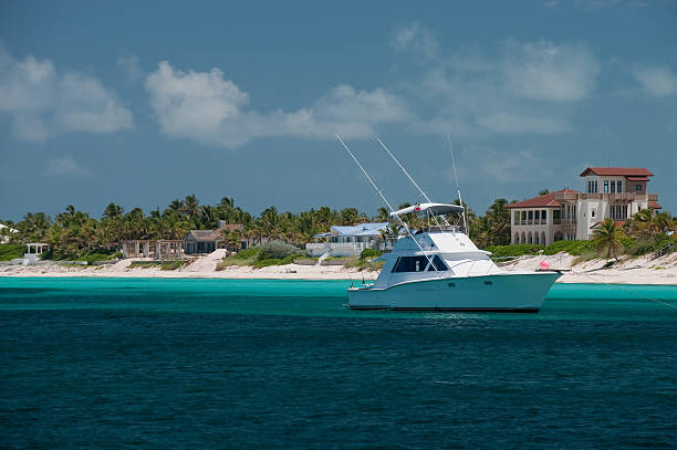 Sportfishing yacht anchored in Bahamas cove.