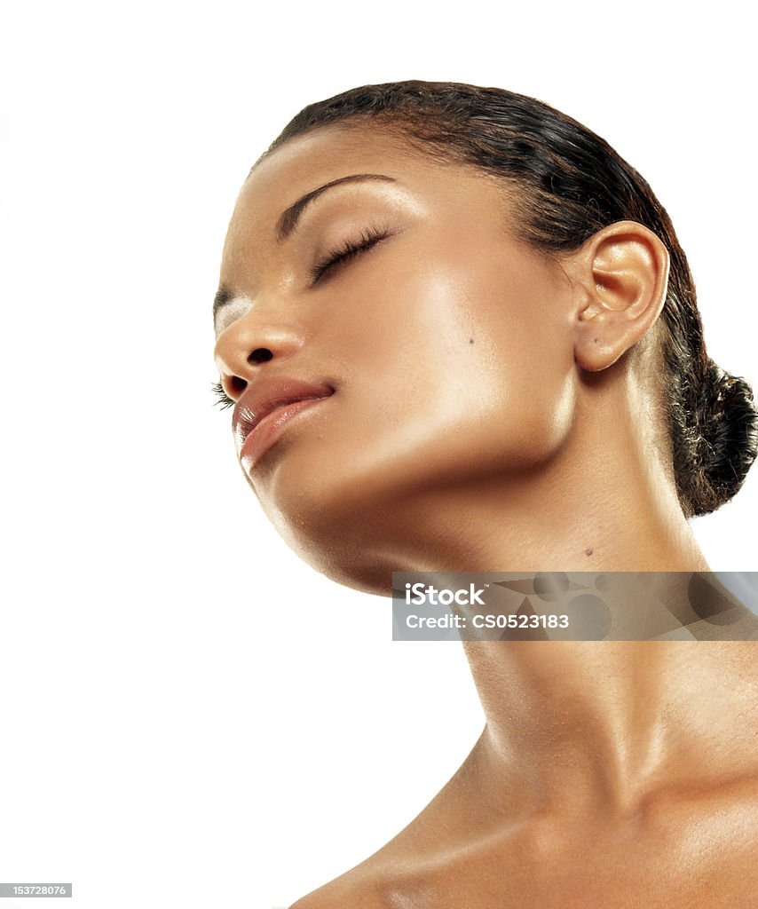 Fresh skin and spa. Closeup portrait of young beautiful woman after bath - spa Human Face Stock Photo