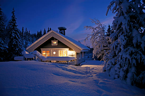 Snowbound Cottage Cottage covered with snow and illuminated in the polar night. snowy rooftop at night stock pictures, royalty-free photos & images
