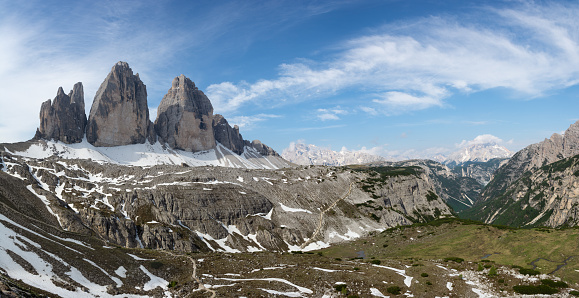 Beautiful panorama of Tre Cime (Drei Zinnen) mountain. Dolomites, Italy.