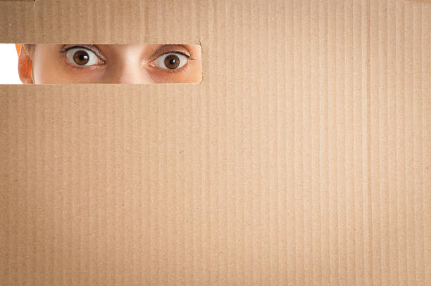 istock woman looking through the hole in cardboard 153729789