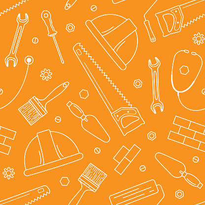 Vector seamless pattern on an orange background for the International Labor Day with tools