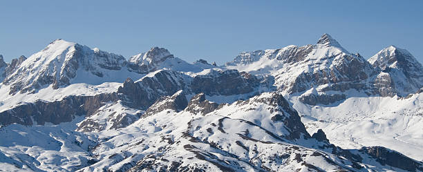 The snow covered peaks of the Pyrenees mountains stock photo