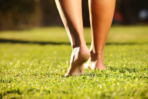 A picture of female legs on a grass on a sunny summer or spring day