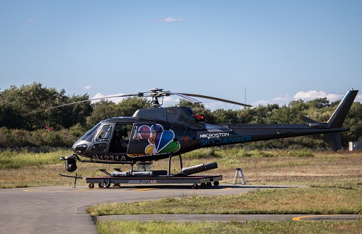 Norwood, United States – August 31, 2022: An NBC news helicopter at an airport outside of Boston.