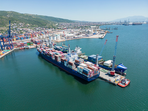 Aerial view of Container ship in a Commercial Container Port in Kocaeli, Turkey.