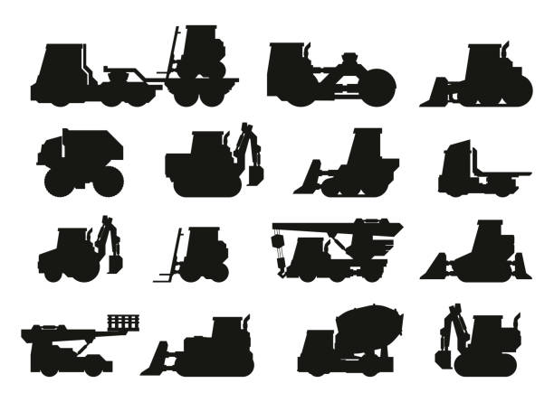 istock Industrial vehicles silhouettes. Heavy construction machinery flat style, transport construction equipment hydraulic bulldozer excavator loader. Vector isolated collection 1537314280