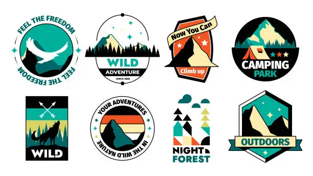 Vector illustration of Vintage outdoor logo. Premium badge for outdoors recreation, national park reserve sticker, tranquility trip emblem. Vector hipster badge set