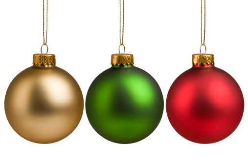 Gold, red and green Christmas baubles isolated on white background for holiday decoration.