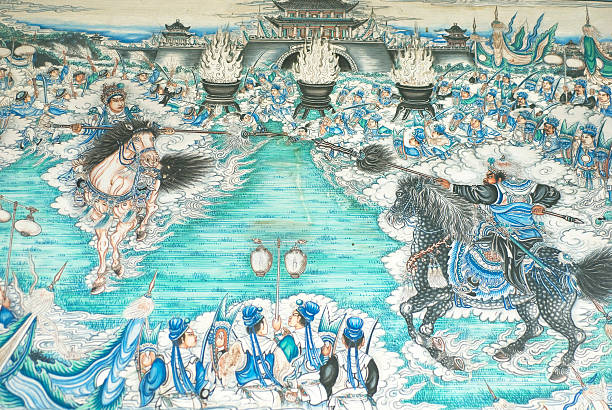 the fresco describing chinese historic story on the column of long corridor in summer palace, which is the royal garden of qing dynasty and built one hundred years ago and the photographer is unkonwn.