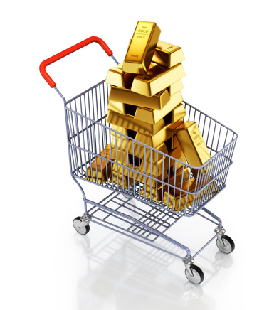 Shopping cart full of gold bars. 3d Illustration