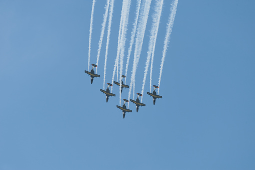 Gothenburg, Sweden - August 29 2009: Swedish Team 60 air display group persofming aerobatic maneuvers.