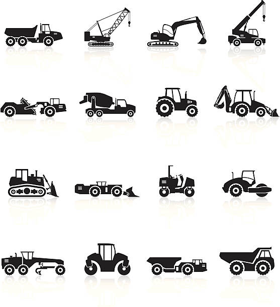 Road Construction Vehicles Silhouette - Black Series Vehicles Silhouette for you website with reflections. The reflections underneath were created using linear gradients. Each element is set on a different layer and is very easy for you to use and modify this elements.  road scraper stock illustrations