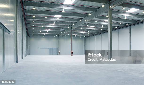 Inside Empy Warehouse Stock Photo - Download Image Now - Blue, Built Structure, Business