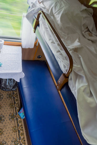 istock Top view of empty seats in the lower compartment car of the second class train 1537358607