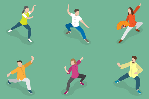 3D Isometric Flat Vector Set of Tai Chi, Healthy Lifestyle