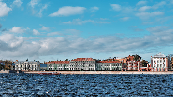 Building of the Twelve Colleges, 1722-1742, Palace of Peter II, beginning of construction 1727-1734, and the building of the Manege of the First Cadet Corps, 1757-1759, landmark: St. Petersburg, Russia - October 07, 2022