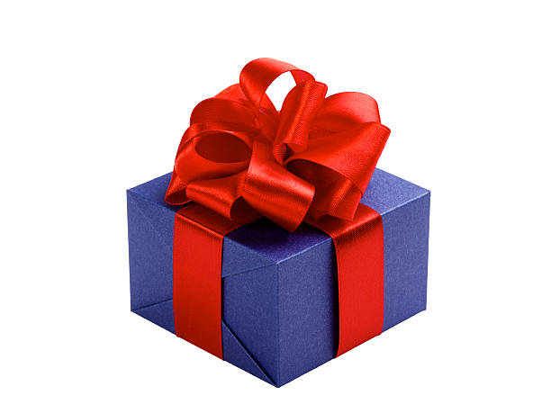 blue gift box with red ribbon bow isolated on white stock photo