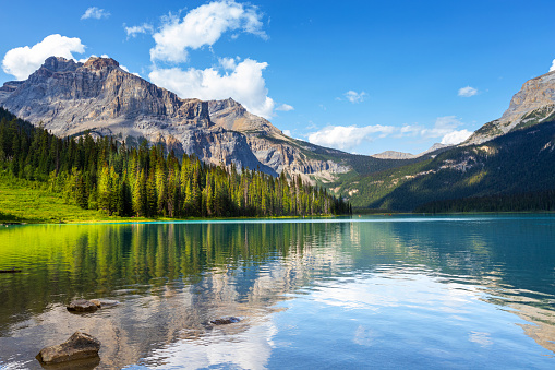 Emerald lake in the Canadian Rockies of Yoho National Park, British Columbia, Canada, surrounded by Michael Peak and Emerald Peak.