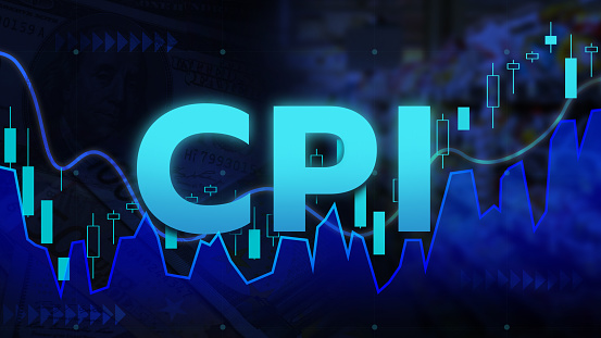 CPI, consumer price index text,cpi line chart,growth of sales or growth of market basket or consumer price index concept. CPI