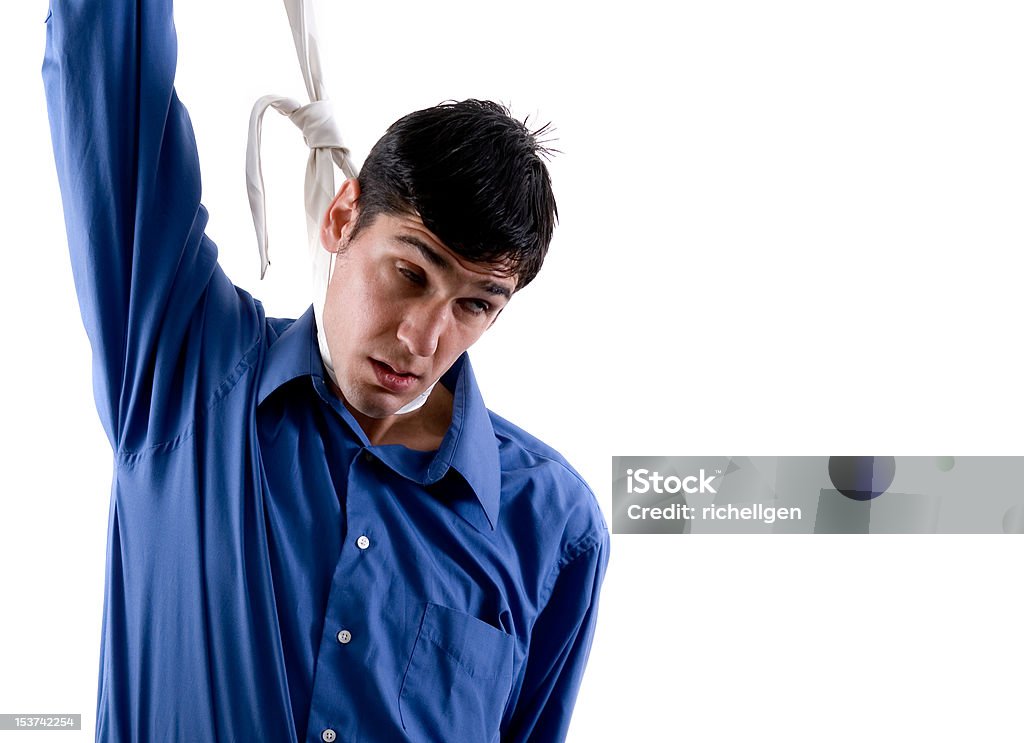 Hanging businessman Young business man hanging himself with a neck tie. Isolated on white. 20-29 Years Stock Photo