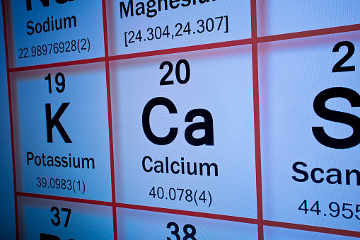 Calcium chemical element - Mendeleev periodic table concept with macro photography of PC monitor