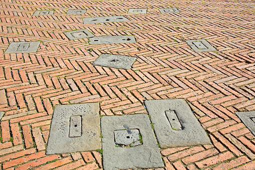 Siena city - Italy - Tuscany region with the famous place of Piazza del Campo called Campo square - terracotta floors, called a herringbone pattern due to its particular shape
