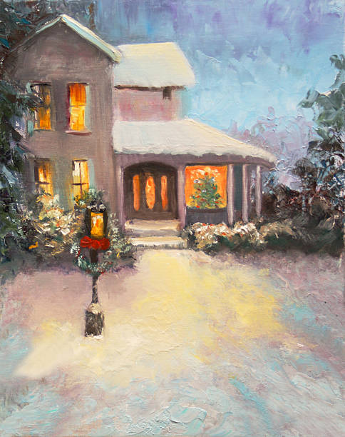 Christmas Snow Scene An Oil Painting "This is a photo of my own oil painting titled, ""Christmas Snow Scene."" It shows a house decorated for Christmas on a wintry evening. " christmas oil painting stock illustrations
