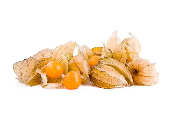 Fresh small physalis fruits isolated on white background, jam-berry