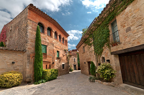 Sunny square , Peratallada, Spain stock photo