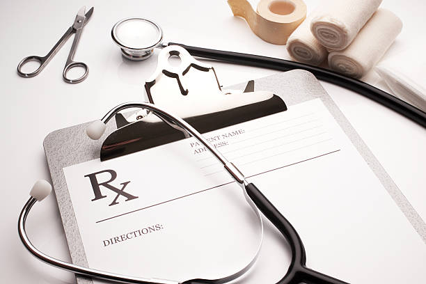rx prescription concept stethoscope and bandages stock photo
