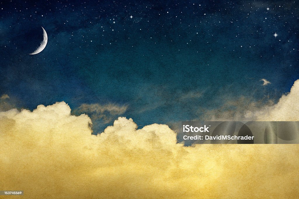 Vintage Nachthimmel mit Mond und Wolken, crescent - Lizenzfrei Retrostil Stock-Foto
