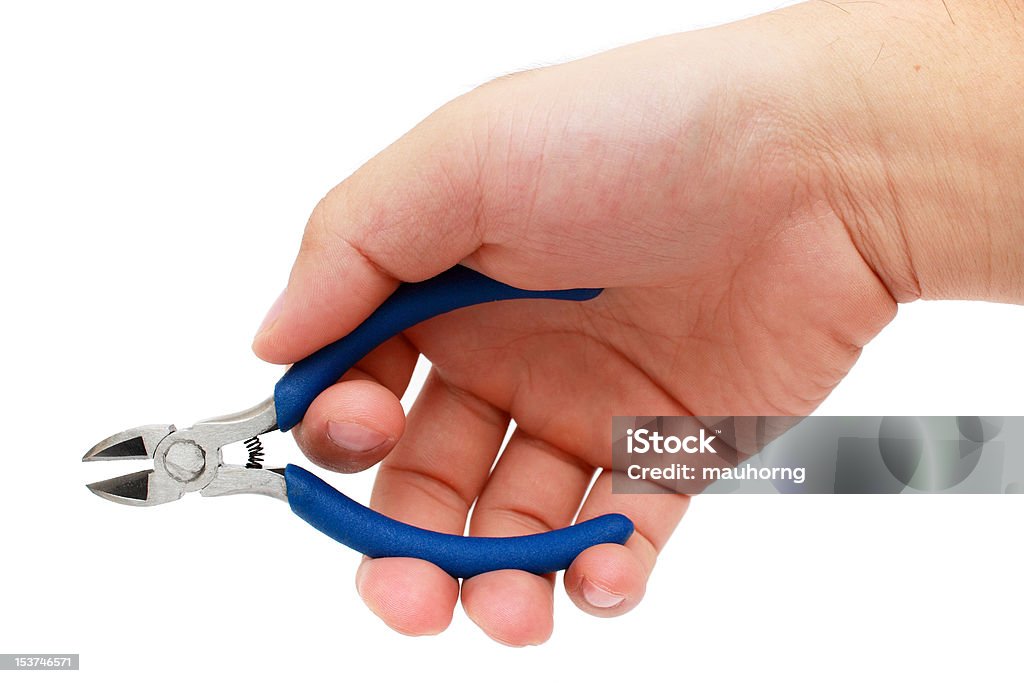 Hand Hold Cutting Plier Man's hand hold a cutting plier over white background. Blue Stock Photo