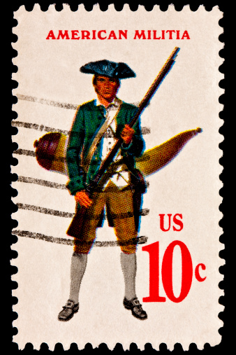 Showing the military uniform of the American Continental Militia. Militiaman with musket and powder horn. Issued in 1975