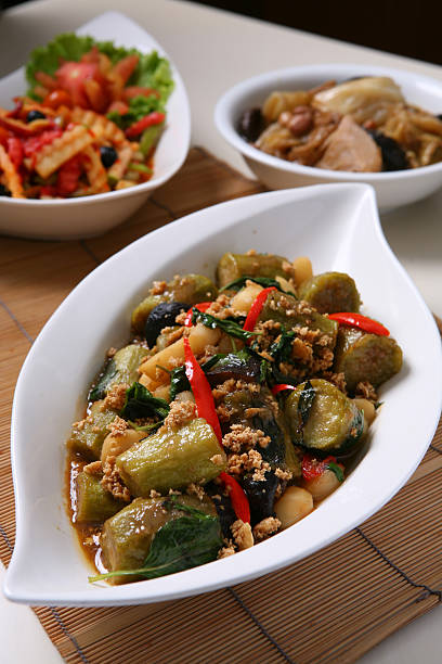 Stir fried eggplant and pork-Thai food stock photo