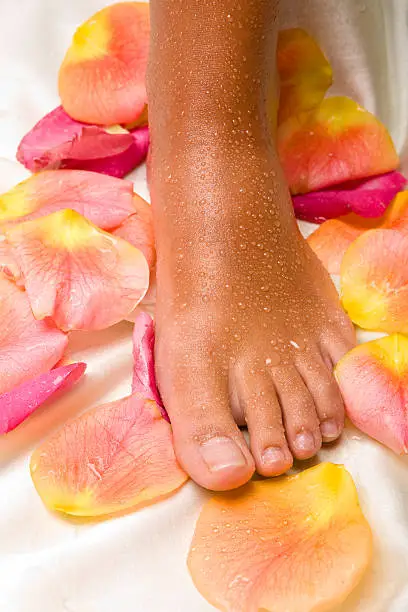 bronzed wet foot on the silk cloth with rose-petals