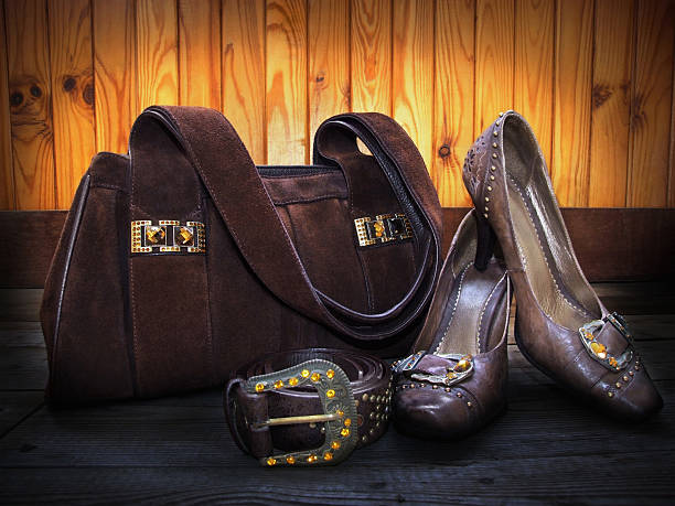 istock Brown suede bag, leather shoes and belt 153751083