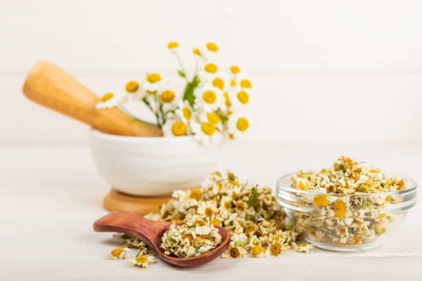 istock Dried chamomile tea in a bowl on a texture table.dry chamomile. Chamomile tea. flat lay. Composition with a bouquet and chamomile inflorescences in a mortar. Herbal drink. Soothing and tonic tea. 1537516384