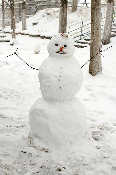 Funny snowman with carrot nose. stock photo